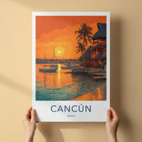 Cancun Poster Mexico Boats Coastal Sunset Art Print Home Decor