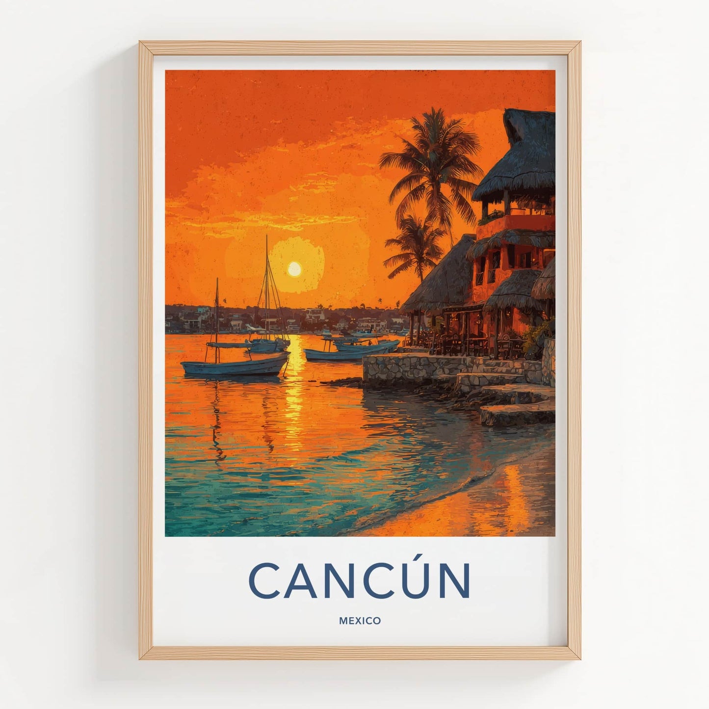 Cancun Poster Mexico Boats Coastal Sunset Art Print Home Decor