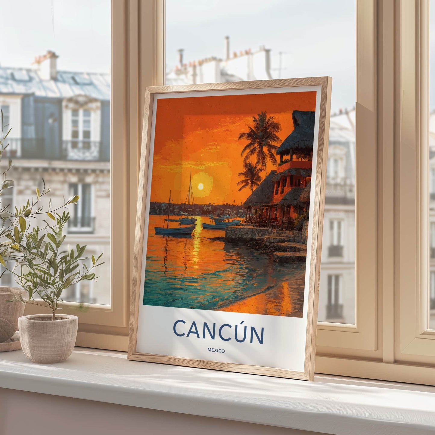 Cancun Poster Mexico Boats Coastal Sunset Art Print Home Decor