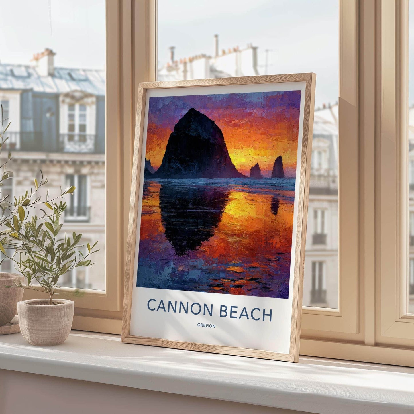 Cannon Beach Poster - Oregon Scenic Art - Impasto Sunset Seascape Wall Decor