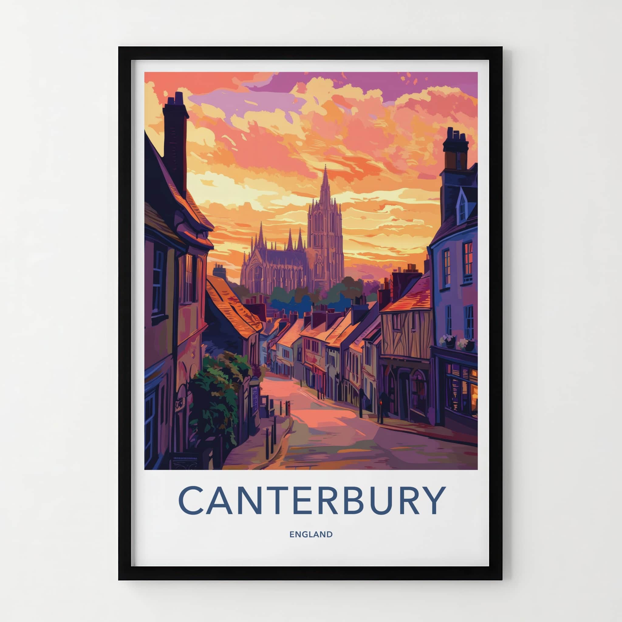 Canterbury Poster - England Travel Art - Cathedral Hillside Sunset Wall Decor