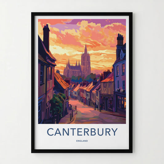 Canterbury Poster - England Travel Art - Cathedral Hillside Sunset Wall Decor