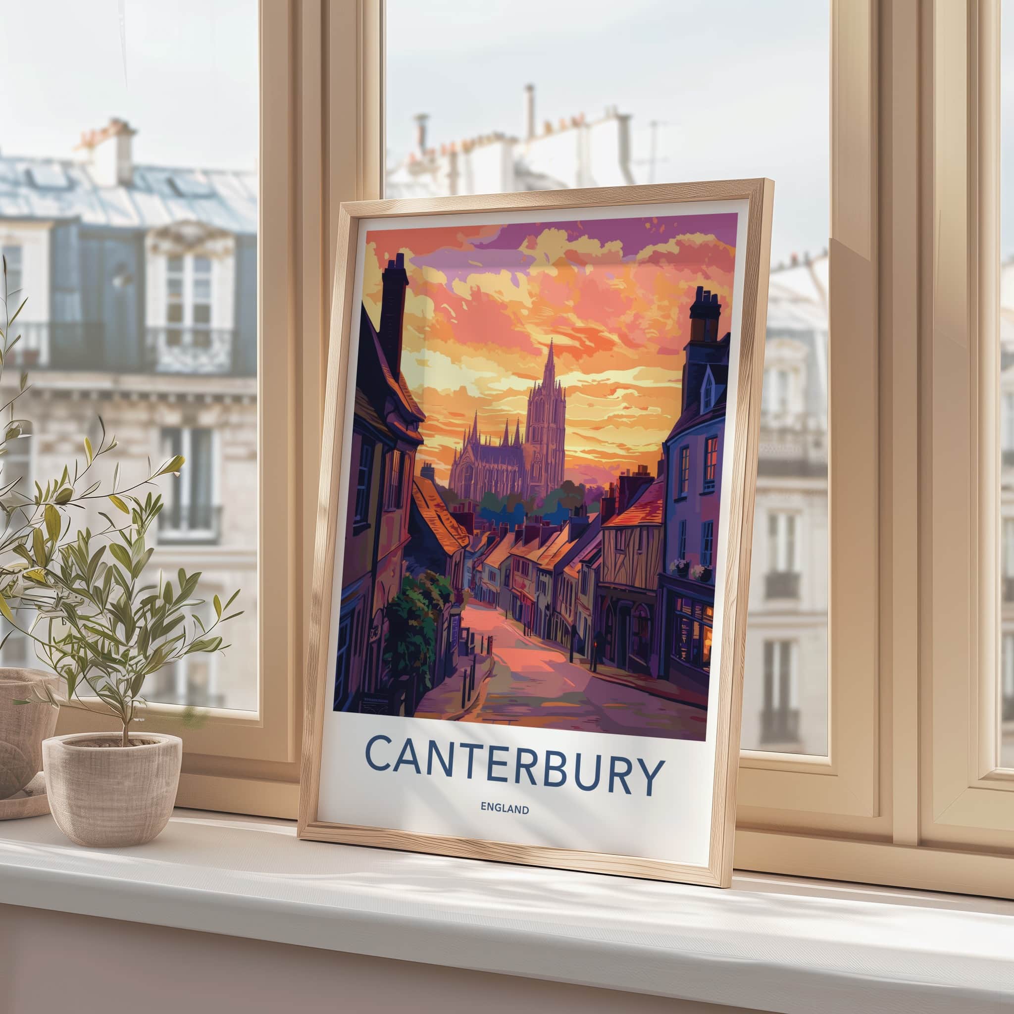 Canterbury Poster - England Travel Art - Cathedral Hillside Sunset Wall Decor