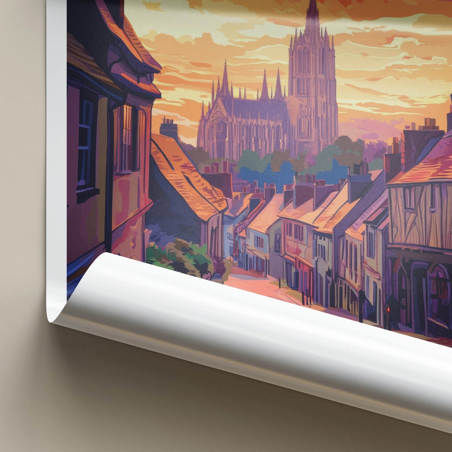 Canterbury Poster - England Travel Art - Cathedral Hillside Sunset Wall Decor