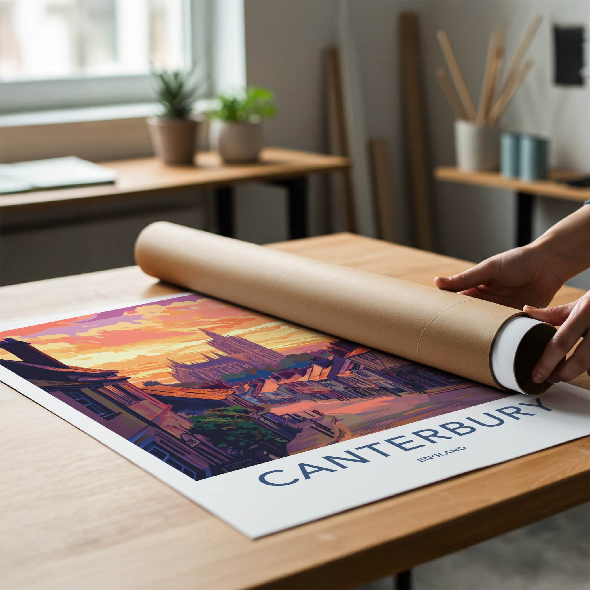 Canterbury Poster - England Travel Art - Cathedral Hillside Sunset Wall Decor