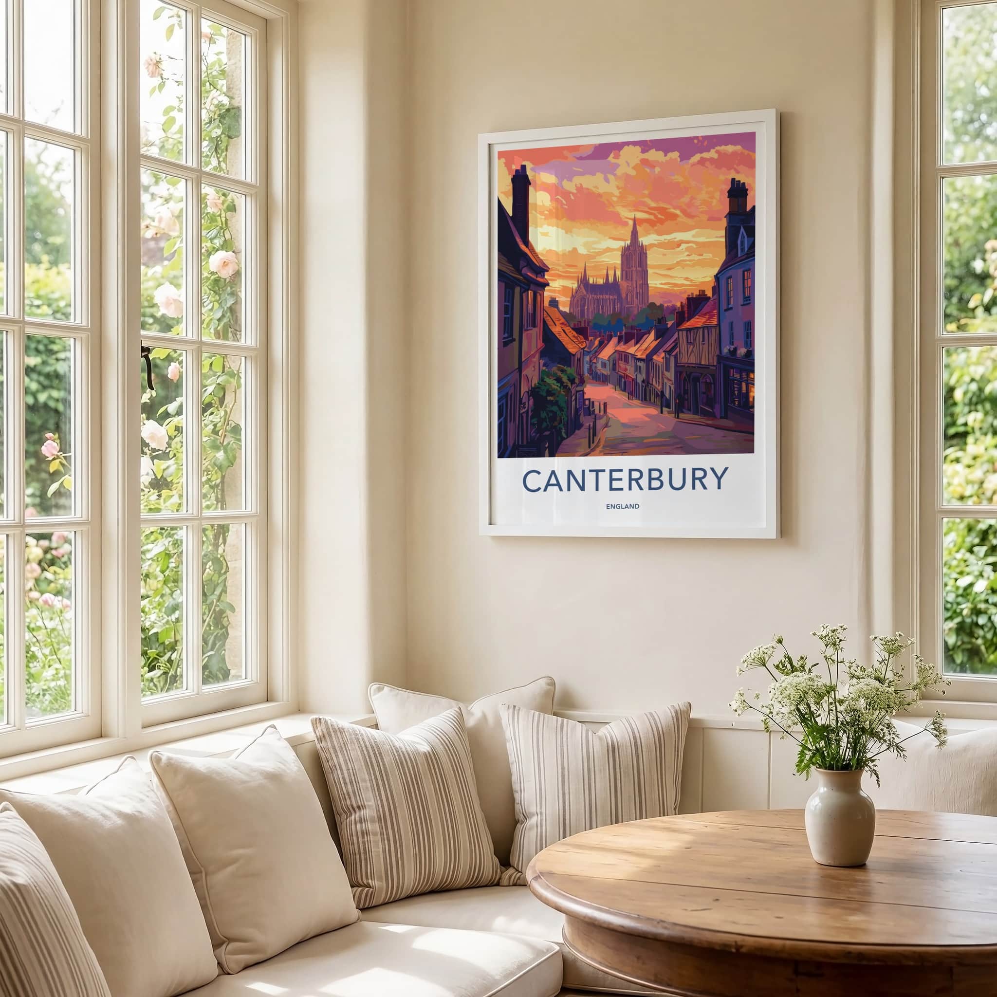 Canterbury Poster - England Travel Art - Cathedral Hillside Sunset Wall Decor