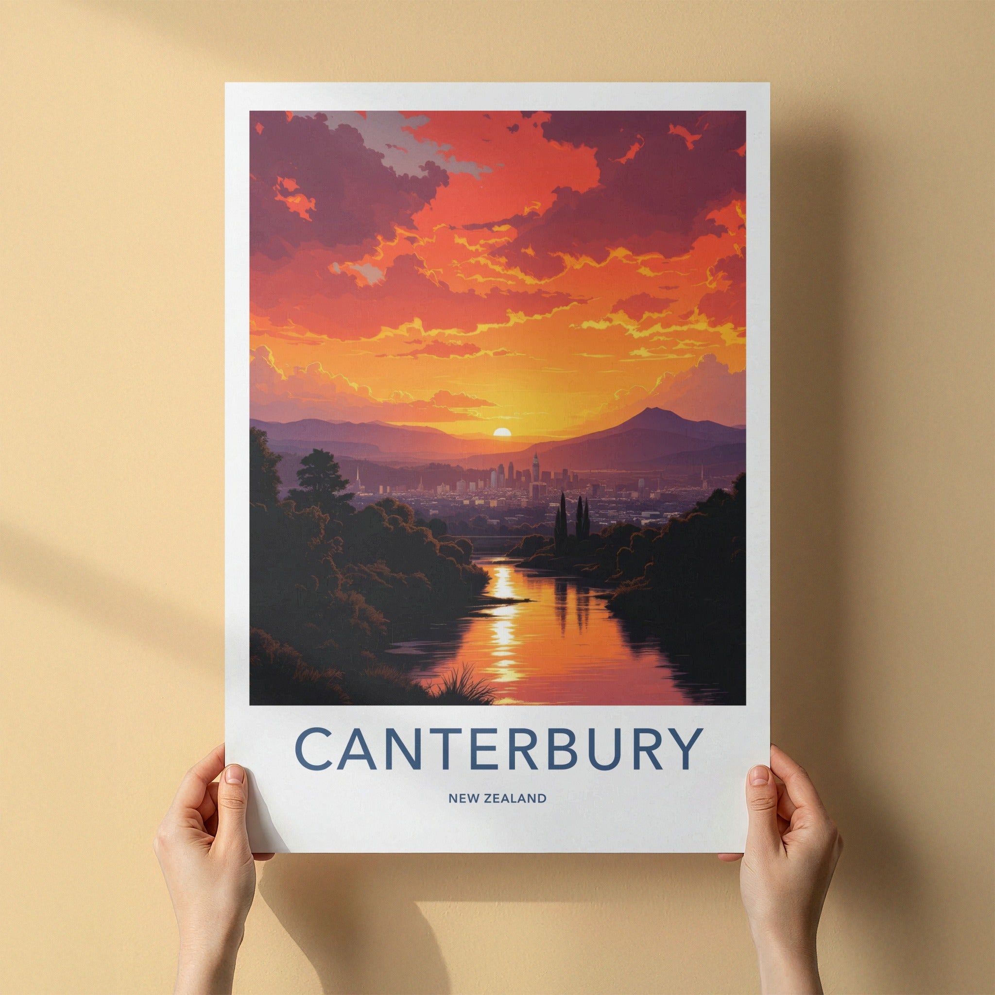 Canterbury Poster - New Zealand Travel Art - Dramatic Sunset River Home Decor