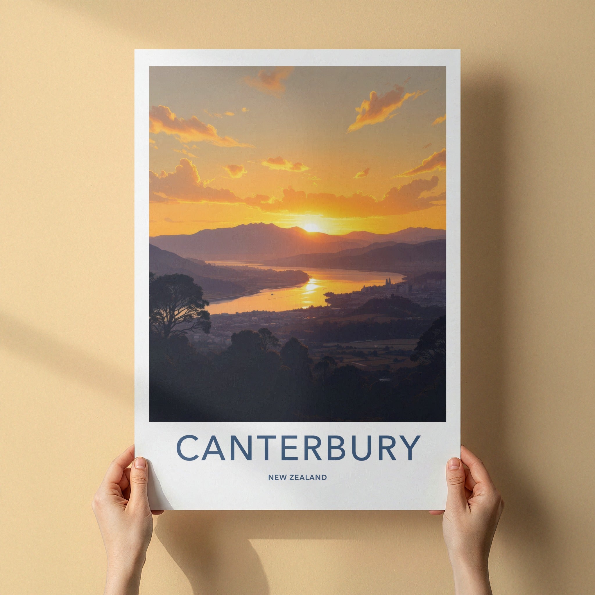 Canterbury Poster - New Zealand Travel Art - Golden Lake Sunset Wall Decor