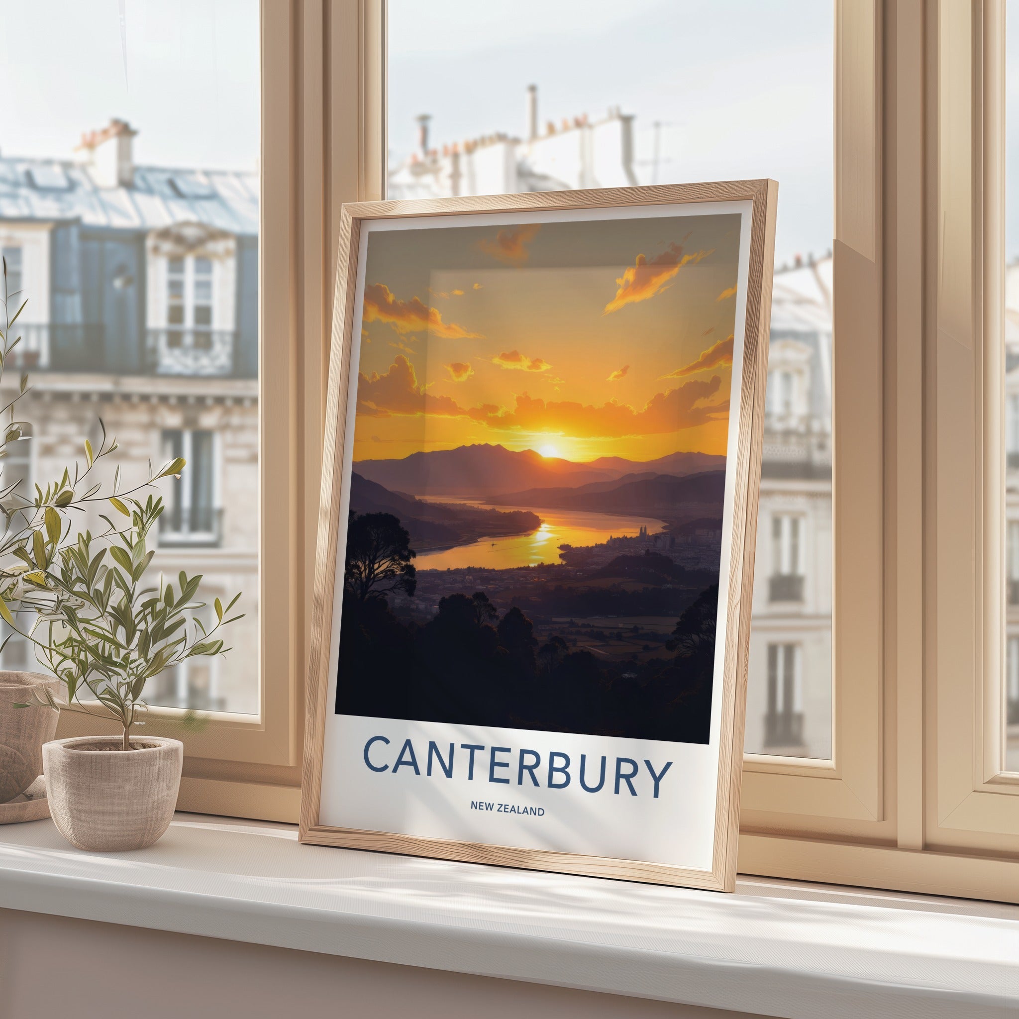 Canterbury Poster - New Zealand Travel Art - Golden Lake Sunset Wall Decor