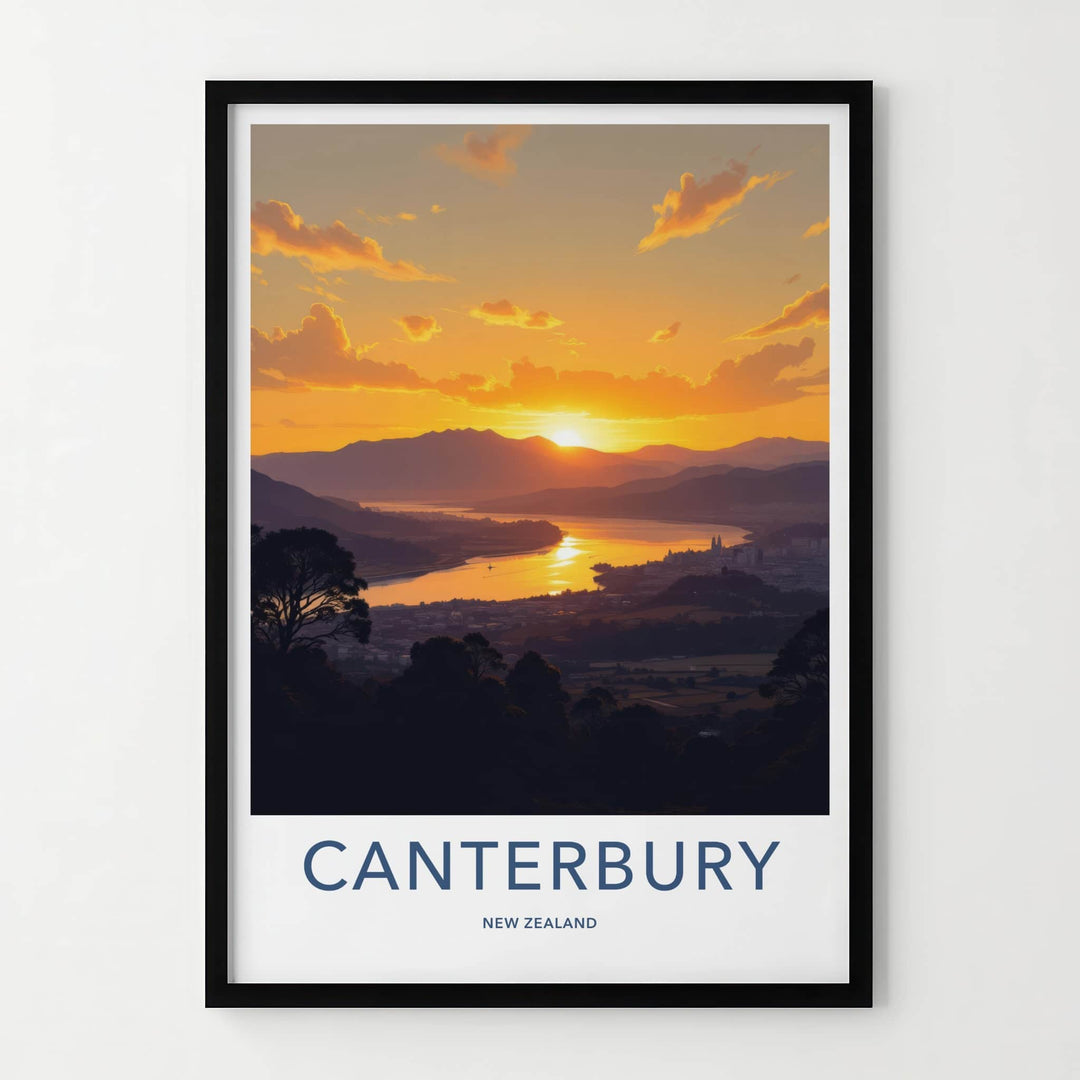 Canterbury Poster - New Zealand Travel Art - Golden Lake Sunset Wall Decor
