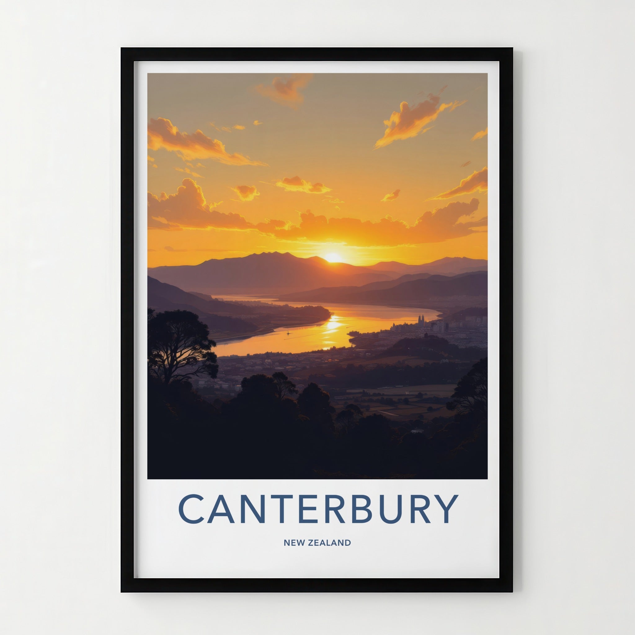 Canterbury Poster - New Zealand Travel Art - Golden Lake Sunset Wall Decor
