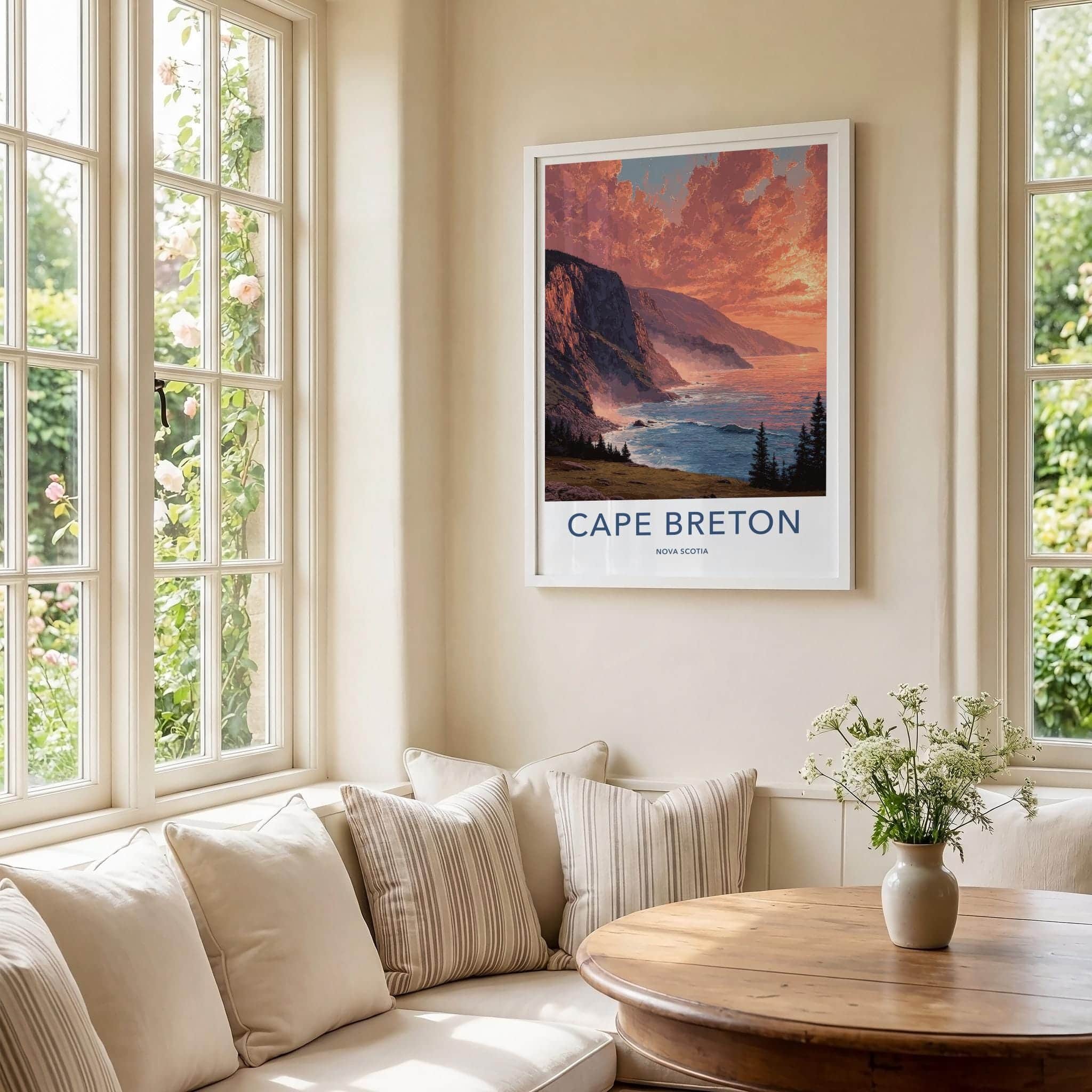 Cape Breton Poster - Canada Travel Art - Fiery Sunset Cliffs Home Decor