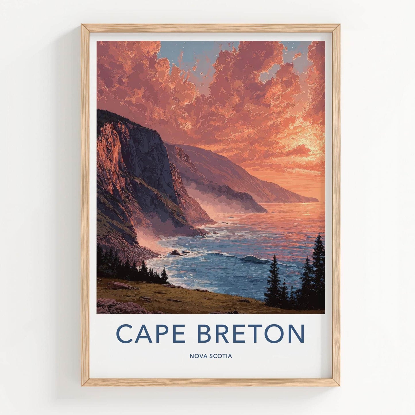 Cape Breton Poster - Canada Travel Art - Fiery Sunset Cliffs Home Decor