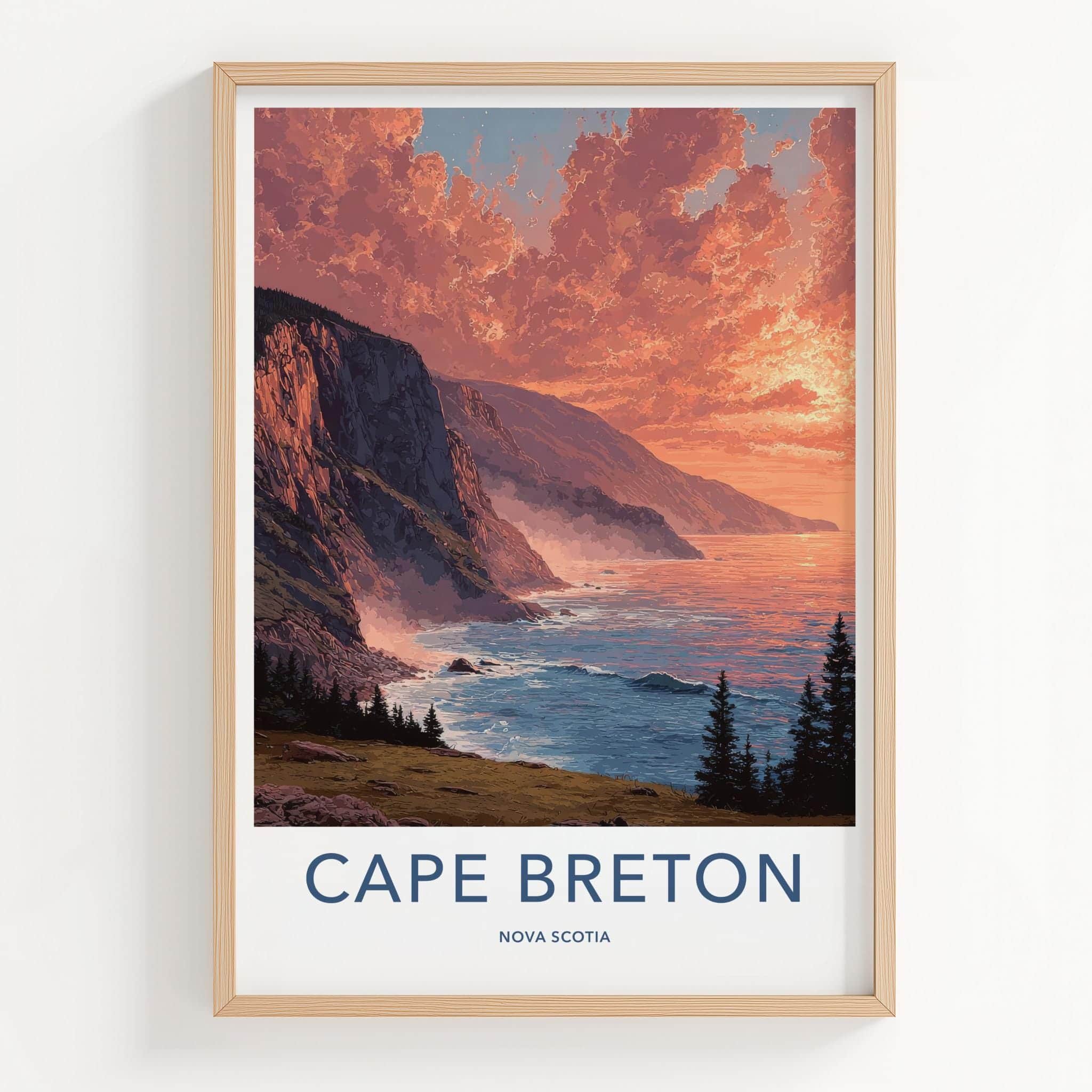 Cape Breton Poster - Canada Travel Art - Fiery Sunset Cliffs Home Decor