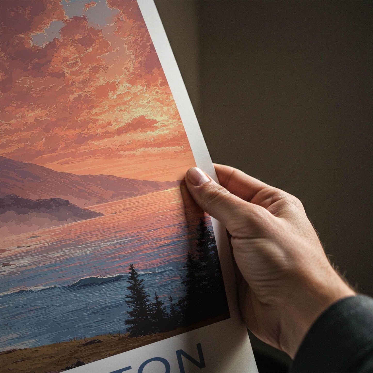 Cape Breton Poster - Canada Travel Art - Fiery Sunset Cliffs Home Decor