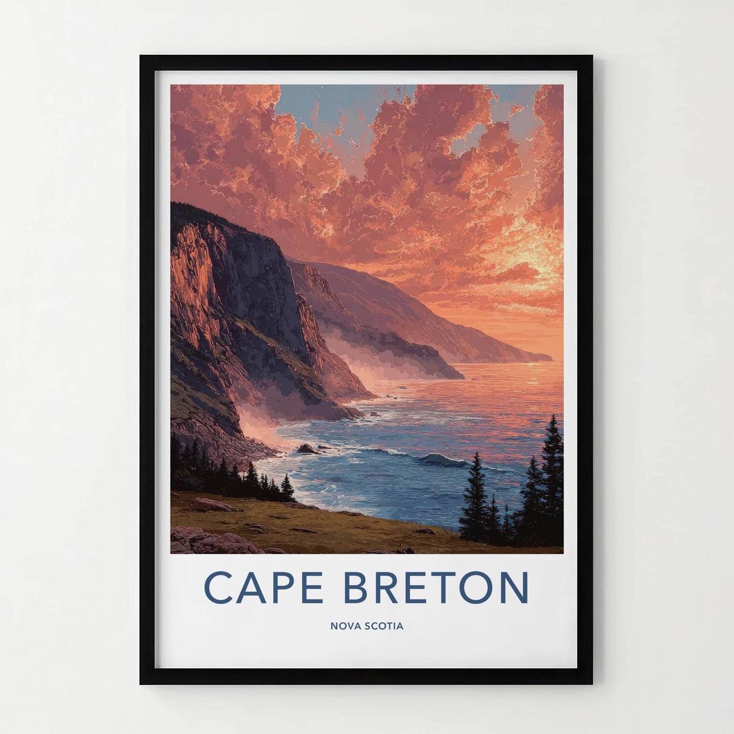 Cape Breton Poster - Canada Travel Art - Fiery Sunset Cliffs Home Decor