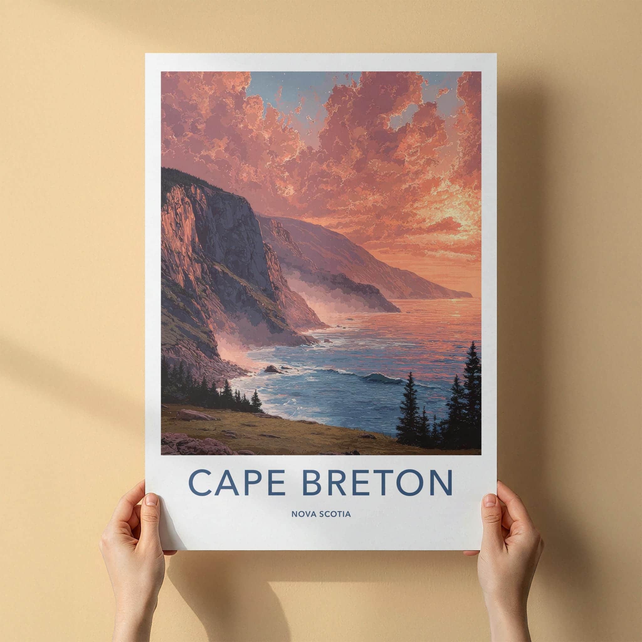Cape Breton Poster - Canada Travel Art - Fiery Sunset Cliffs Home Decor