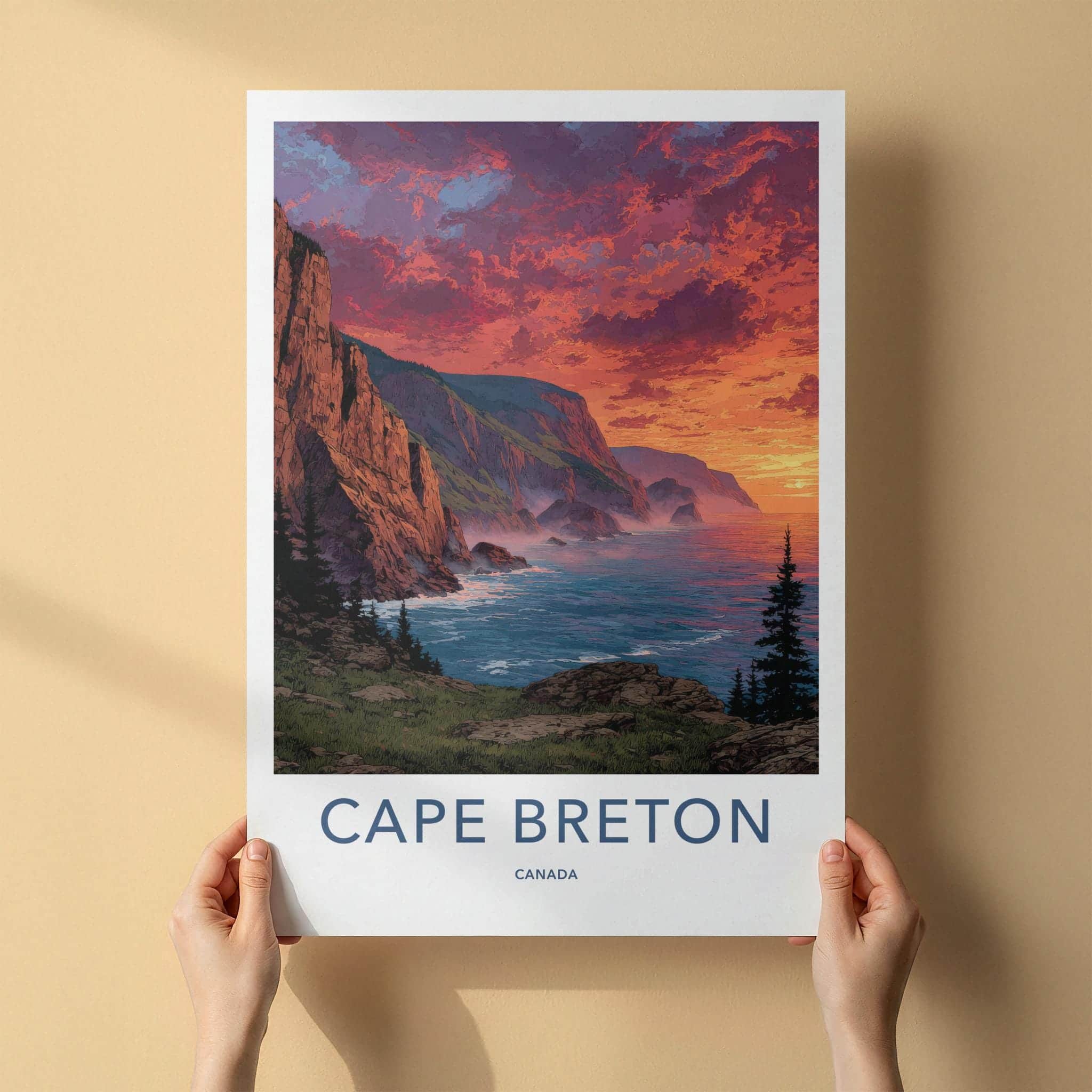 Cape Breton Poster - Canada Travel Art - Sunset Cliffside Glow Wall Decor