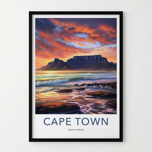 Cape Town Poster - South Africa Travel Art - Sunset Mountain Waves Home Decor