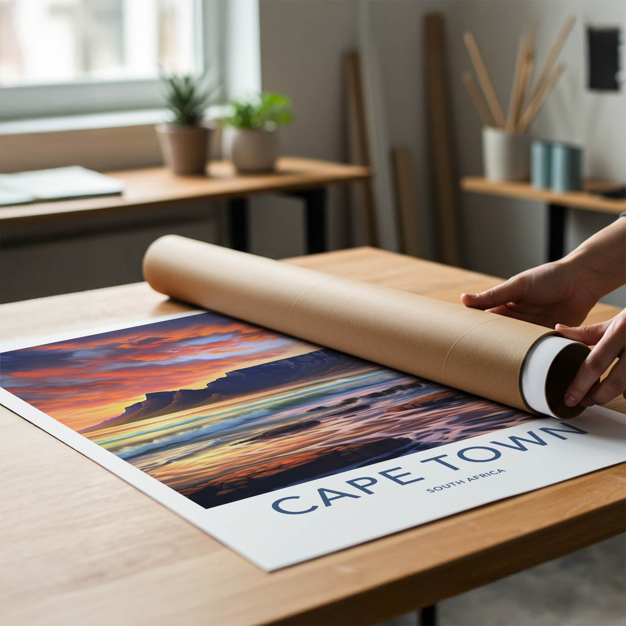 Cape Town Poster - South Africa Travel Art - Sunset Mountain Waves Home Decor