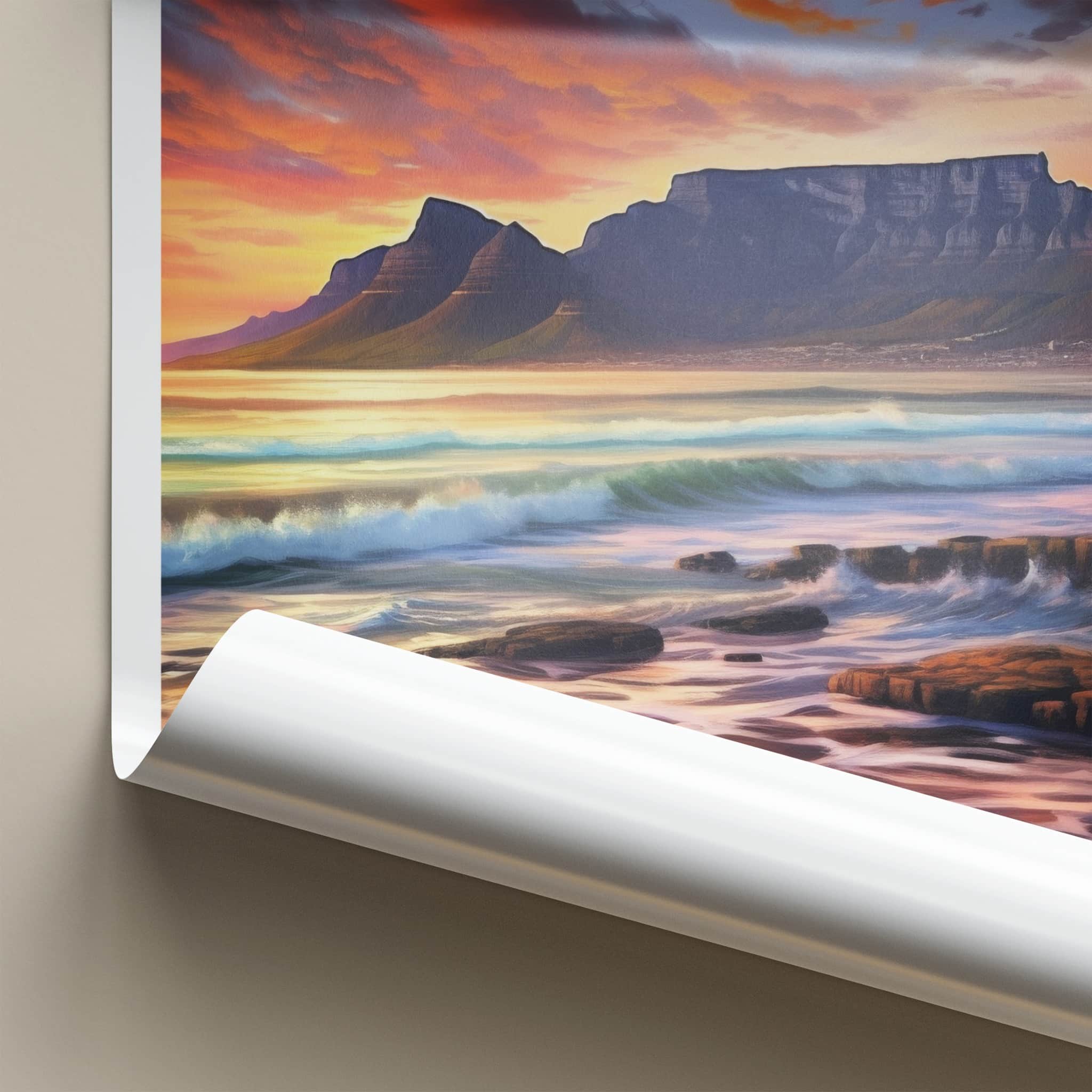 Cape Town Poster - South Africa Travel Art - Sunset Mountain Waves Home Decor