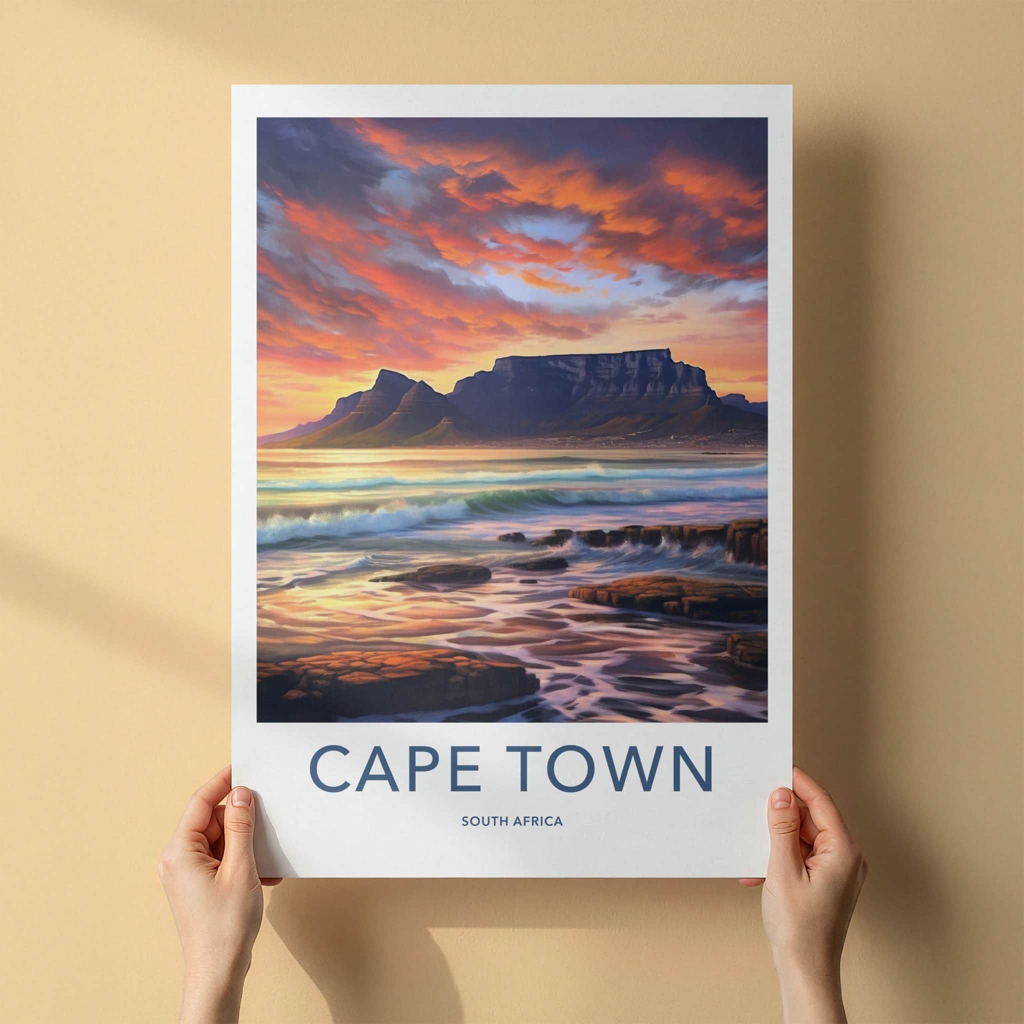 Cape Town Poster - South Africa Travel Art - Sunset Mountain Waves Home Decor