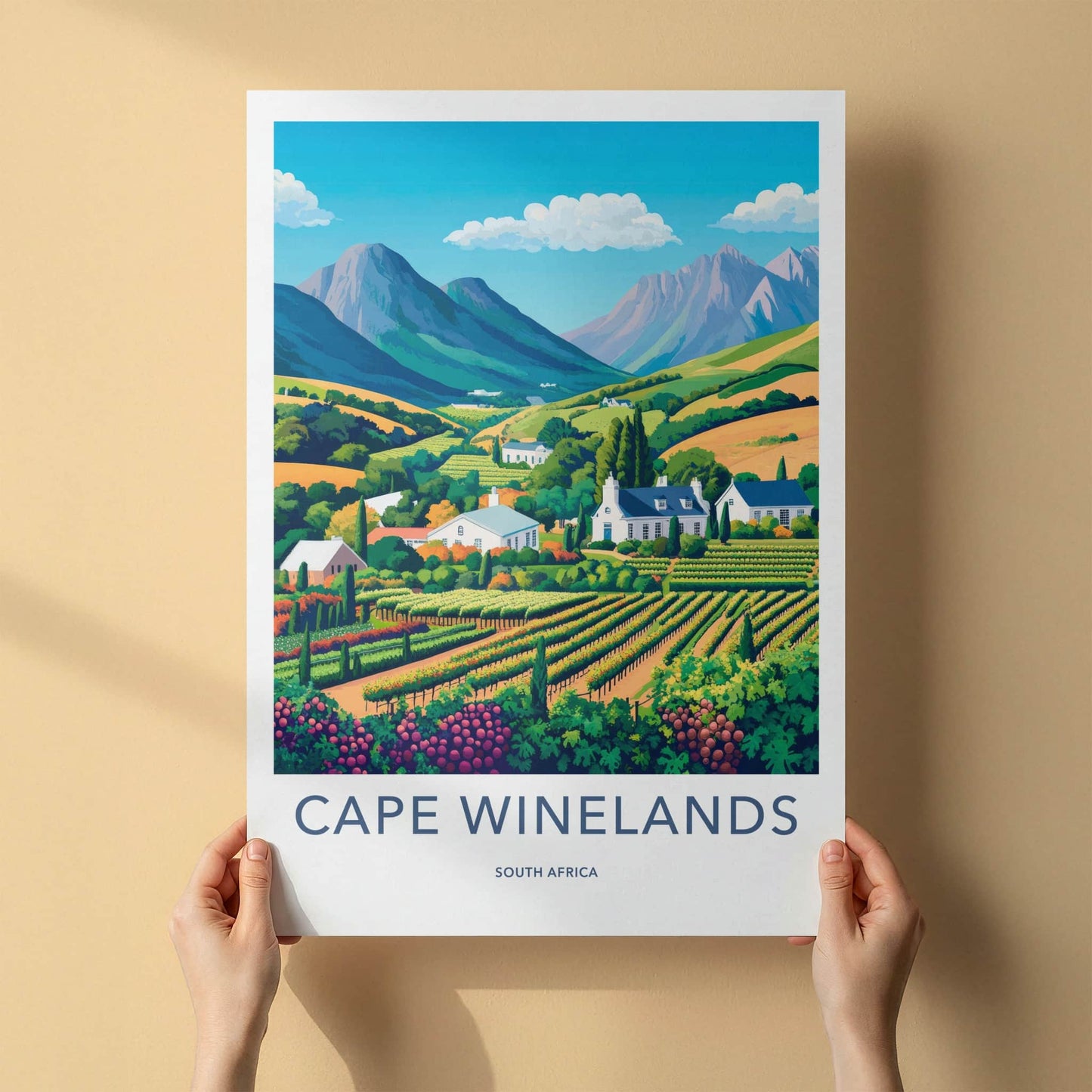 Cape Winelands Poster - South Africa Travel Art - Lush Vineyard Valley Home Decor