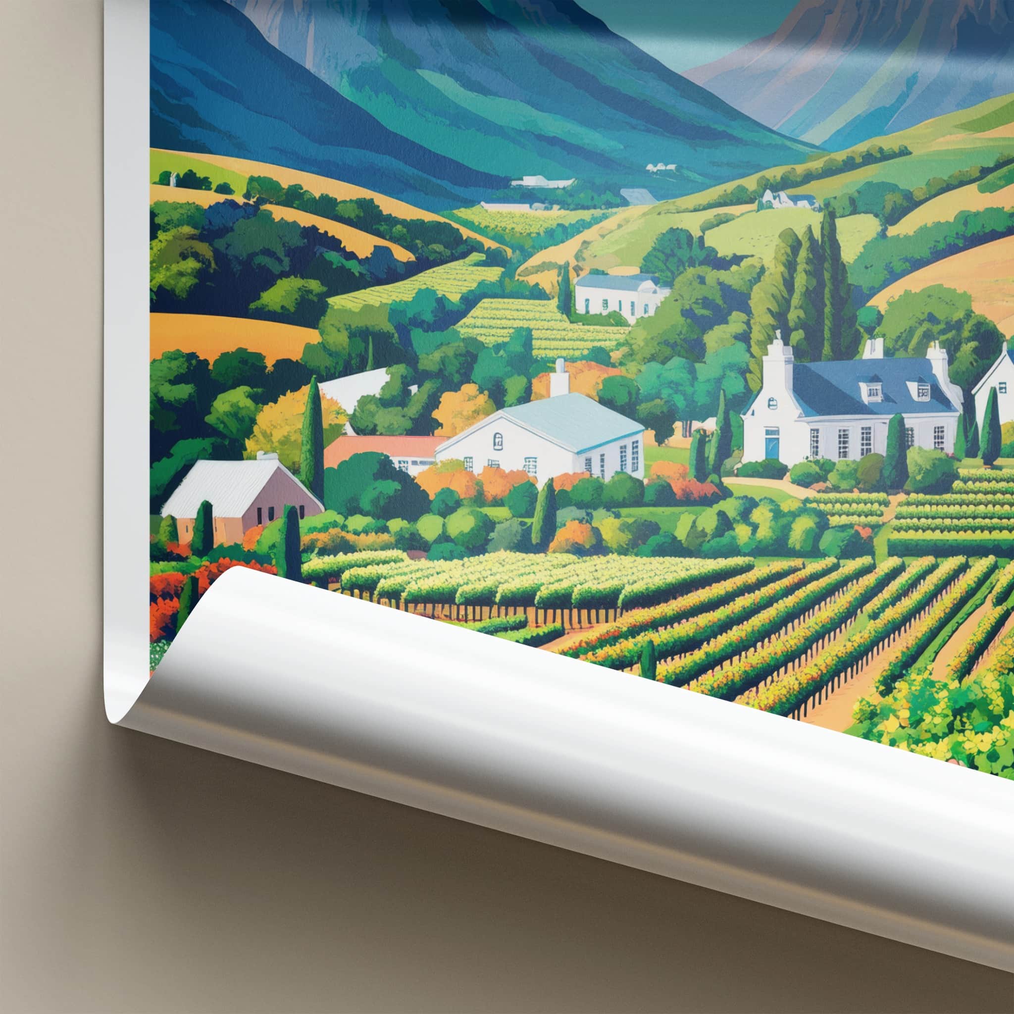 Cape Winelands Poster - South Africa Travel Art - Lush Vineyard Valley Home Decor