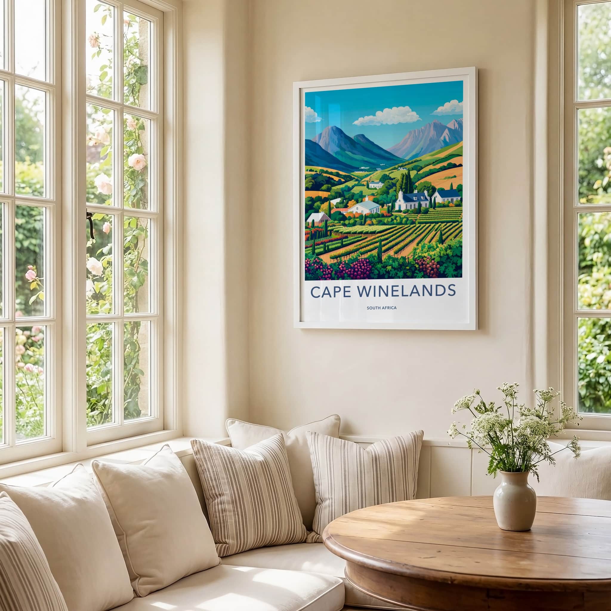 Cape Winelands Poster - South Africa Travel Art - Lush Vineyard Valley Home Decor