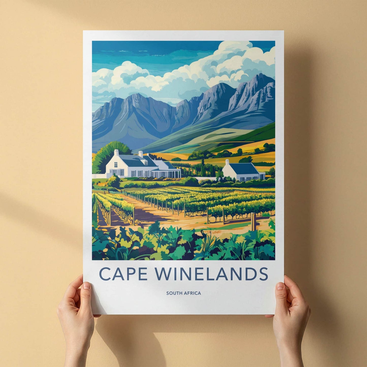 Cape Winelands Poster - South Africa Travel Art - Vineyard Houses Mountains Home Decor