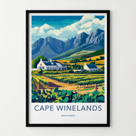 Cape Winelands Poster - South Africa Travel Art - Vineyard Houses Mountains Home Decor