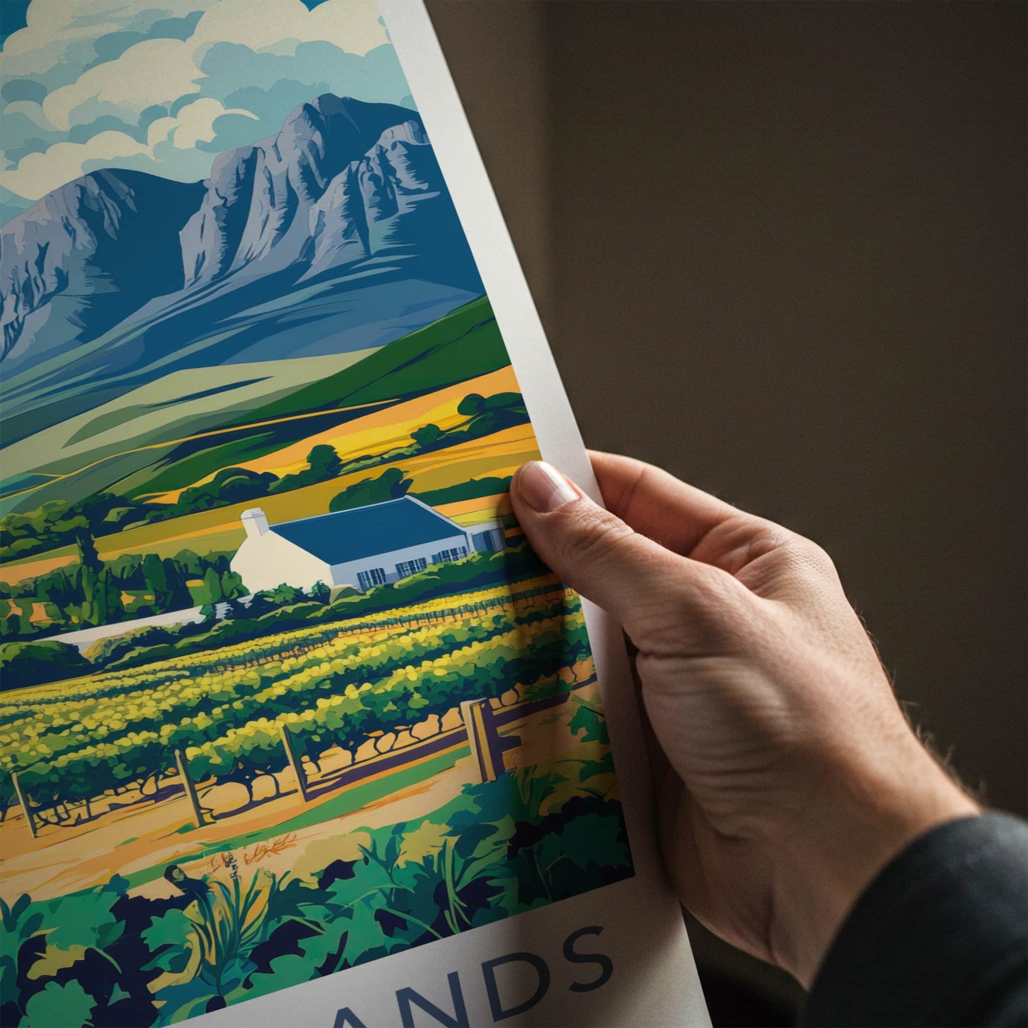 Cape Winelands Poster - South Africa Travel Art - Vineyard Houses Mountains Home Decor