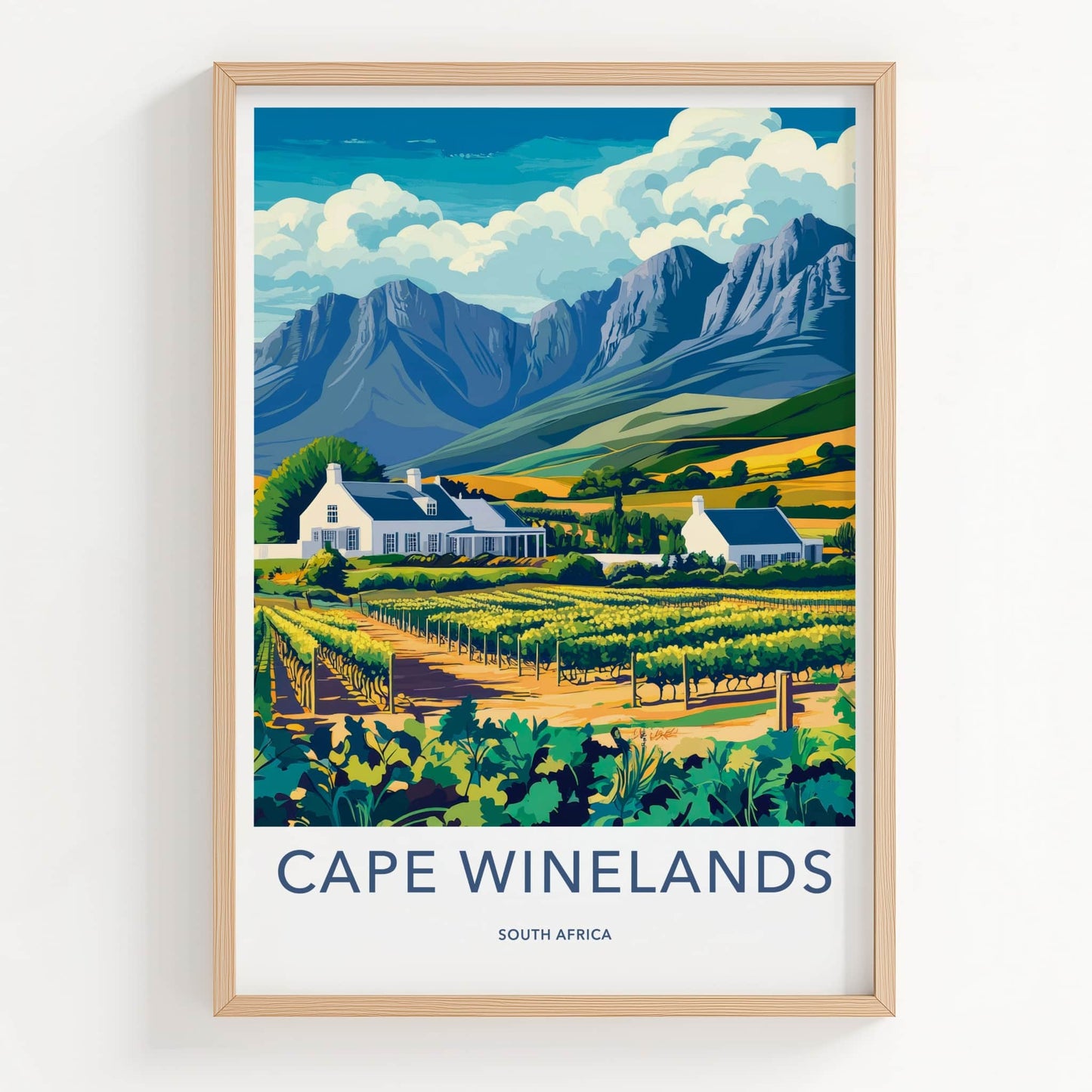 Cape Winelands Poster - South Africa Travel Art - Vineyard Houses Mountains Home Decor