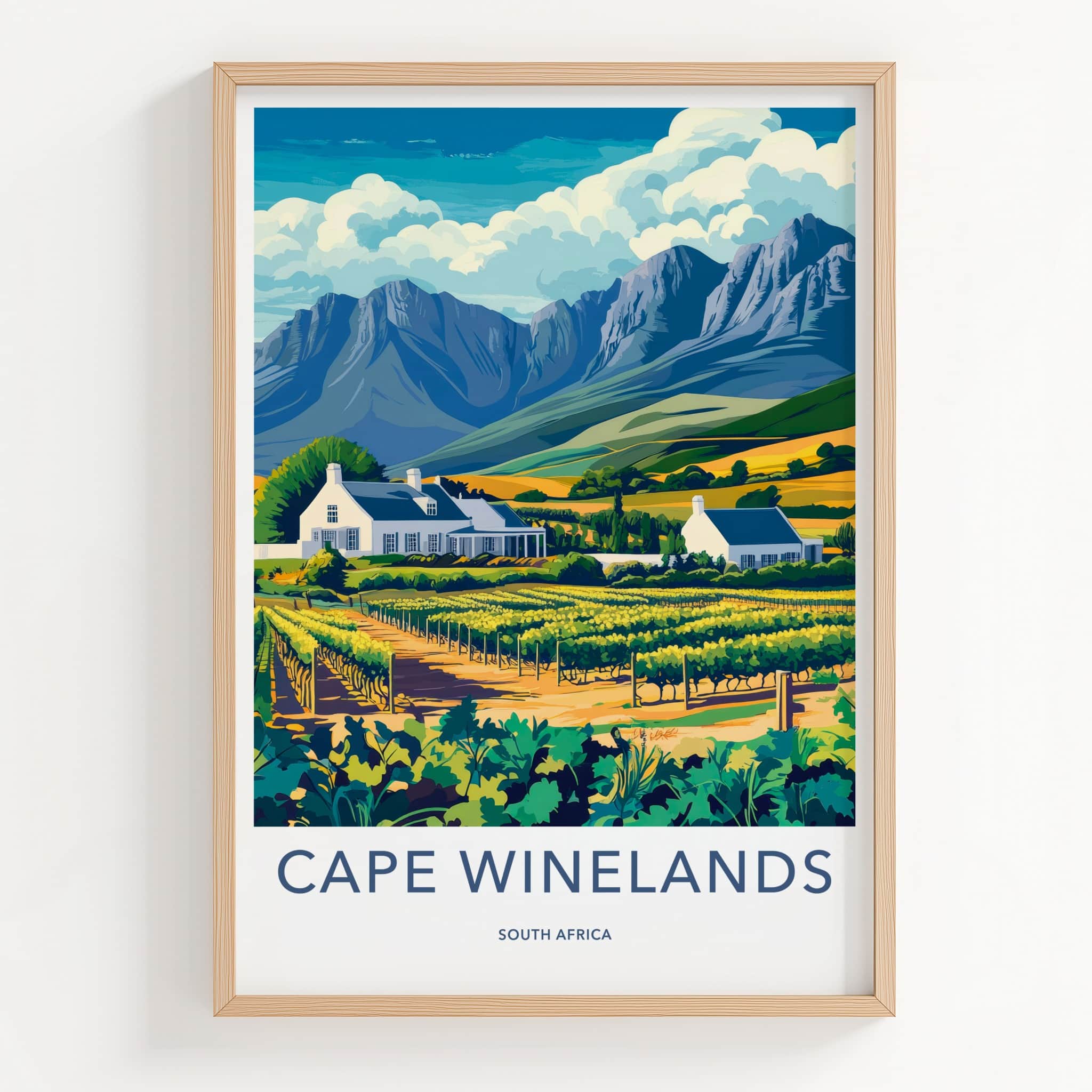 Cape Winelands Poster - South Africa Travel Art - Vineyard Houses Mountains Home Decor