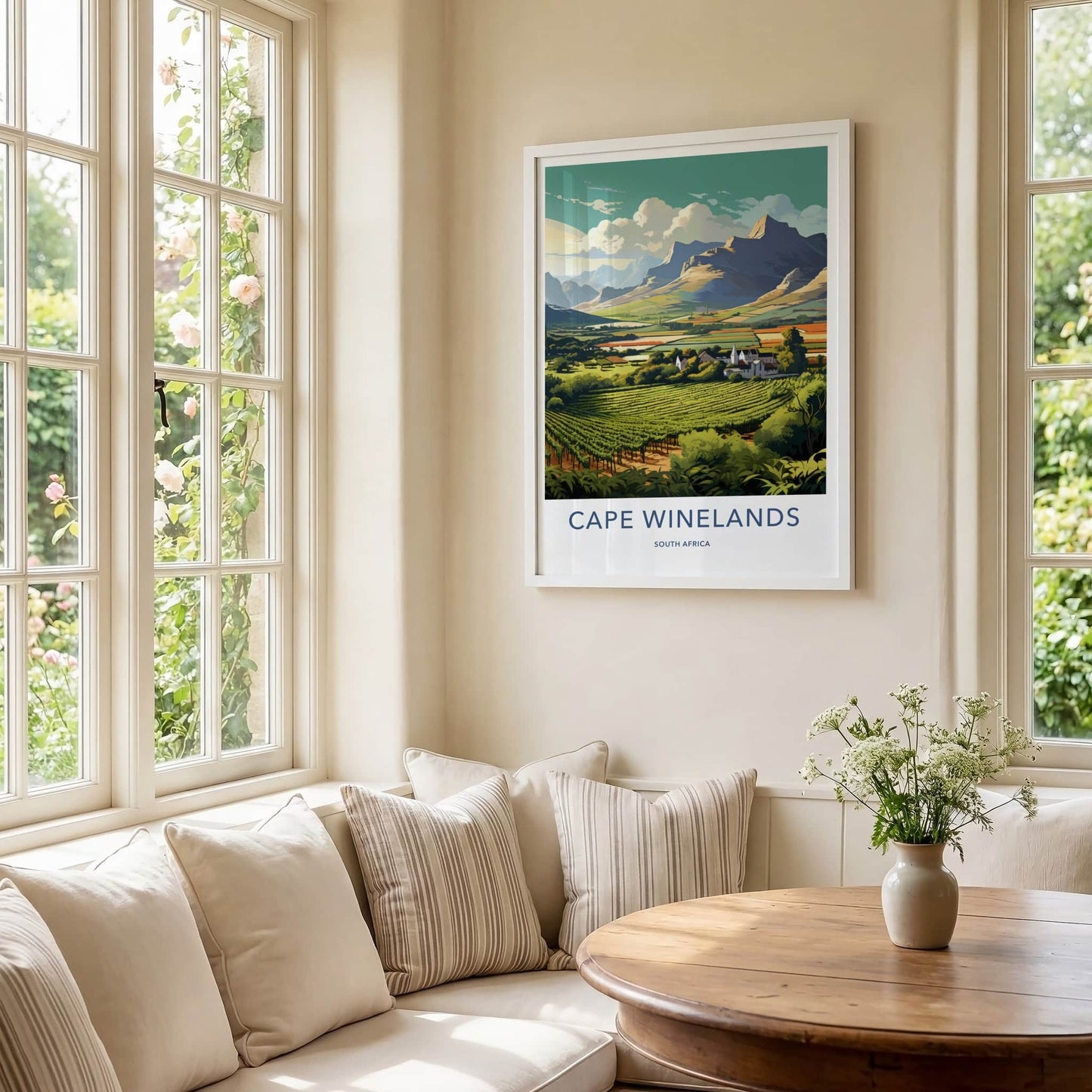 Cape Winelands Poster - South Africa Travel Art - Vineyard Valley Village Home Decor