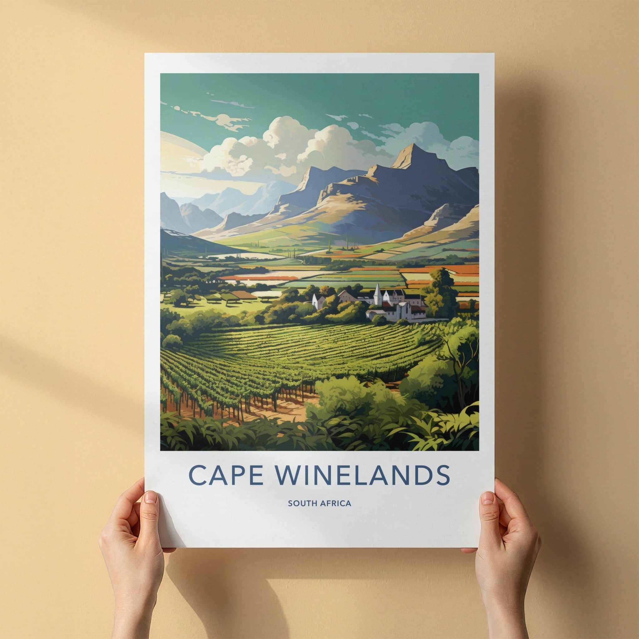 Cape Winelands Poster - South Africa Travel Art - Vineyard Valley Village Home Decor