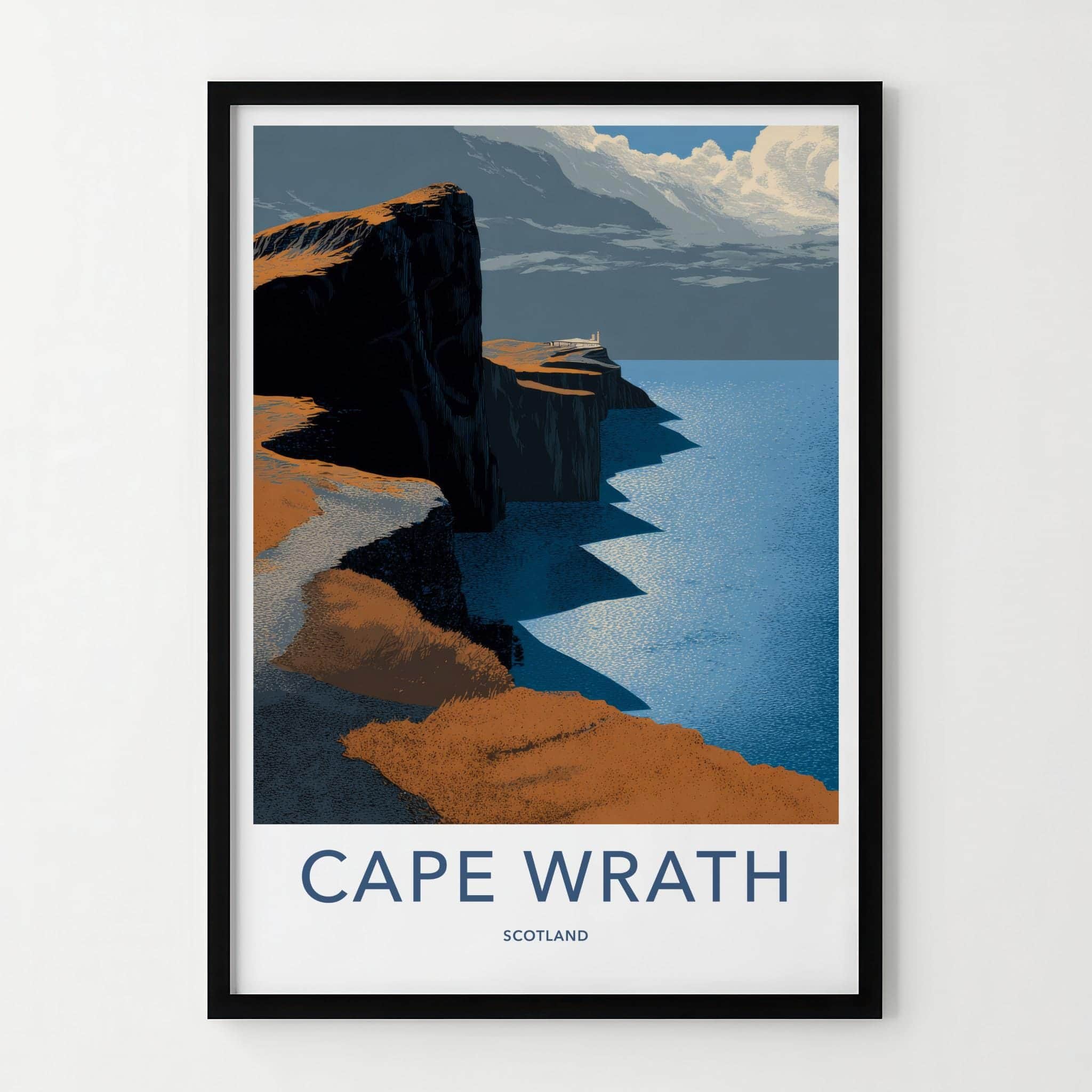 Cape Wrath Poster - Scotland Travel Art - rugged cliff lighthouse Home Decor