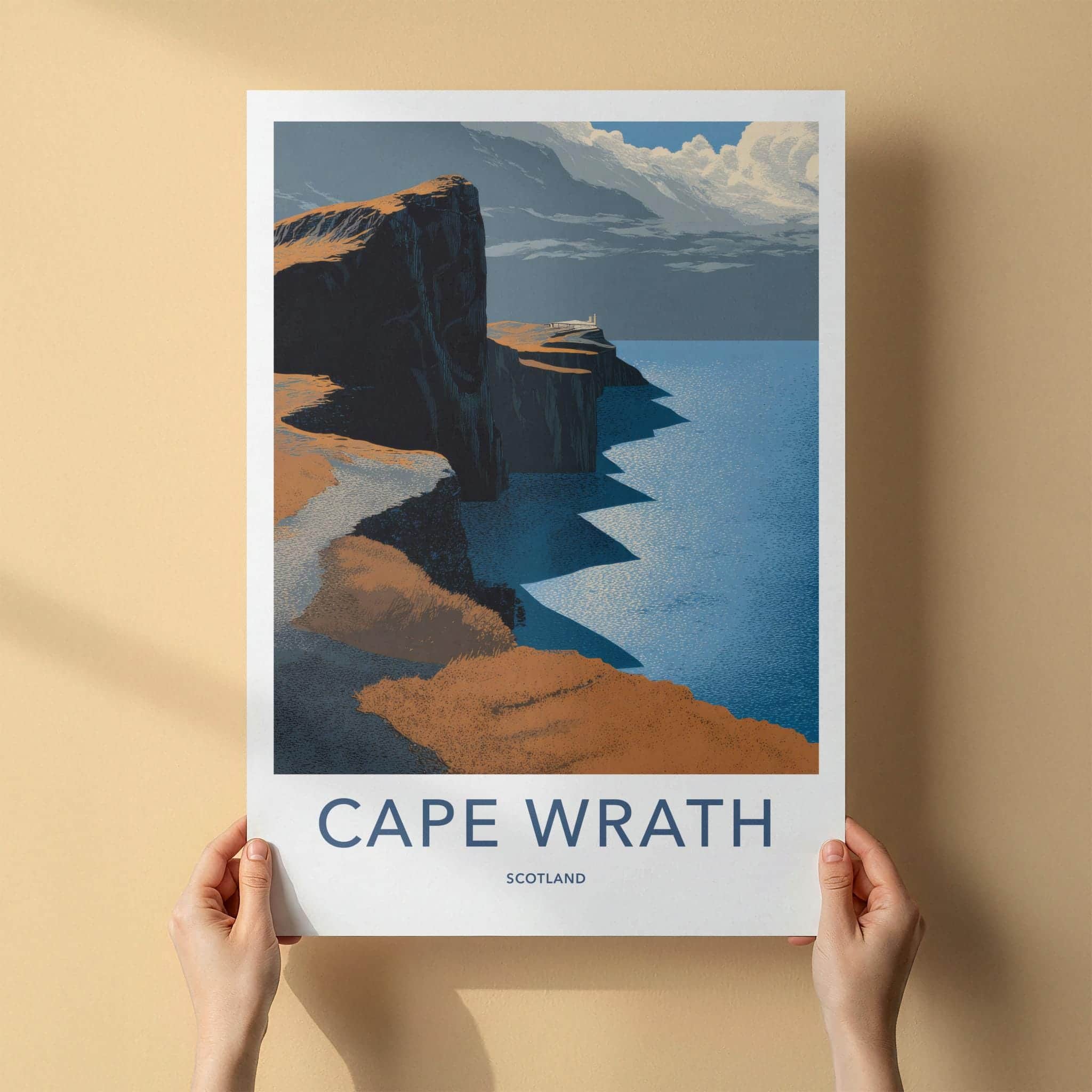 Cape Wrath Poster - Scotland Travel Art - rugged cliff lighthouse Home Decor