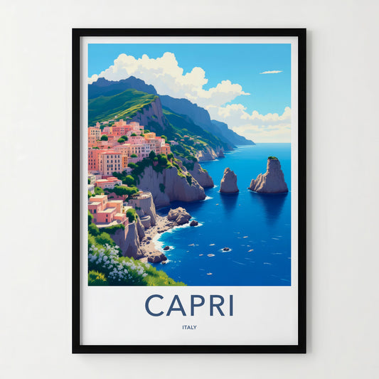 Capri Poster - Italy Travel Art - Cliffside Colorful Village Home Decor