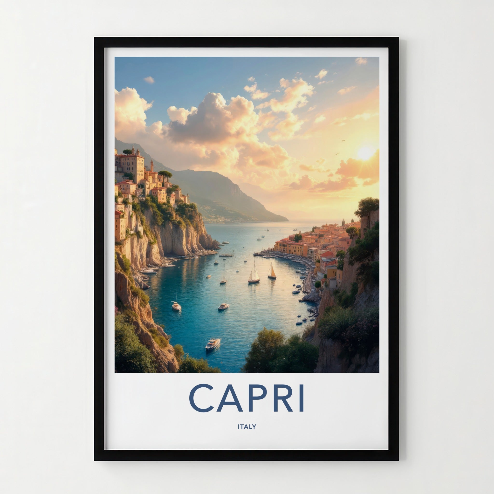 Capri Poster - Italy Travel Art - Cliffside Village Harbor Wall Decor
