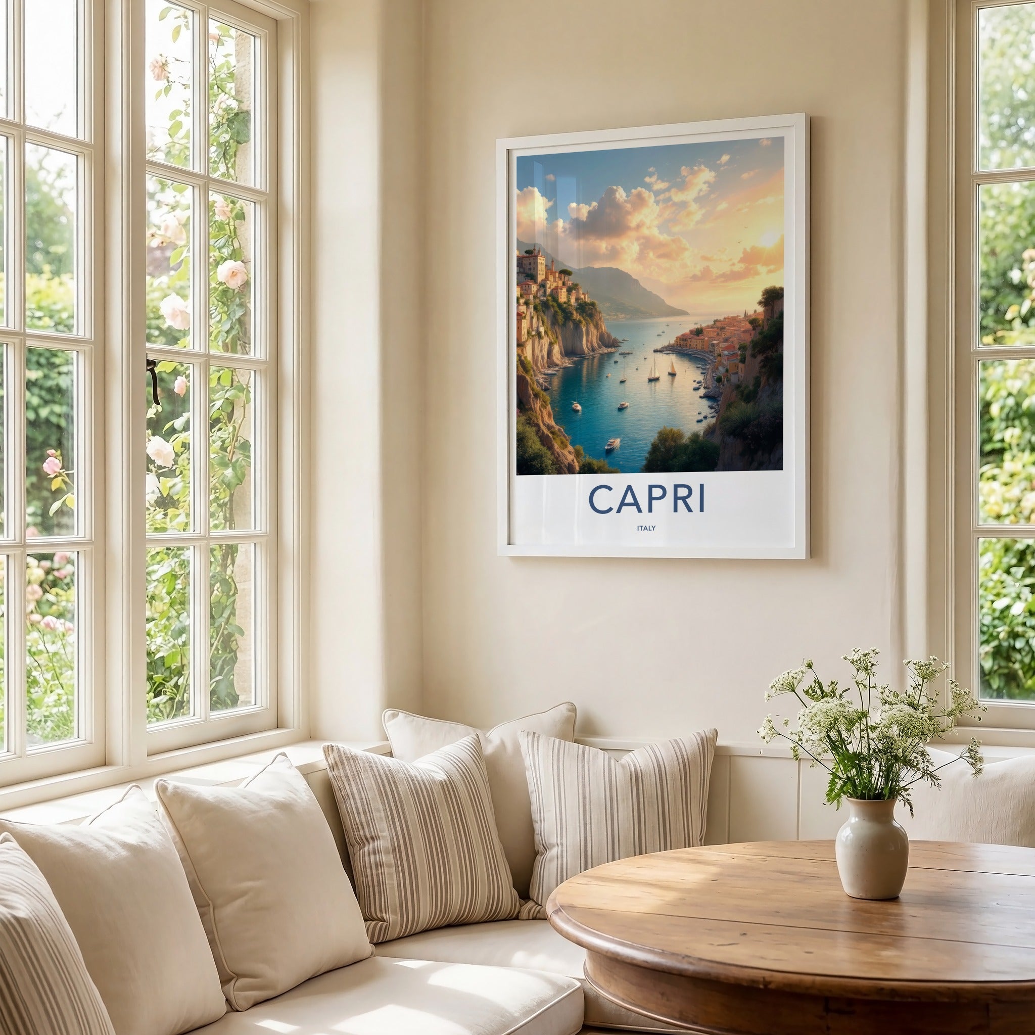 Capri Poster - Italy Travel Art - Cliffside Village Harbor Wall Decor