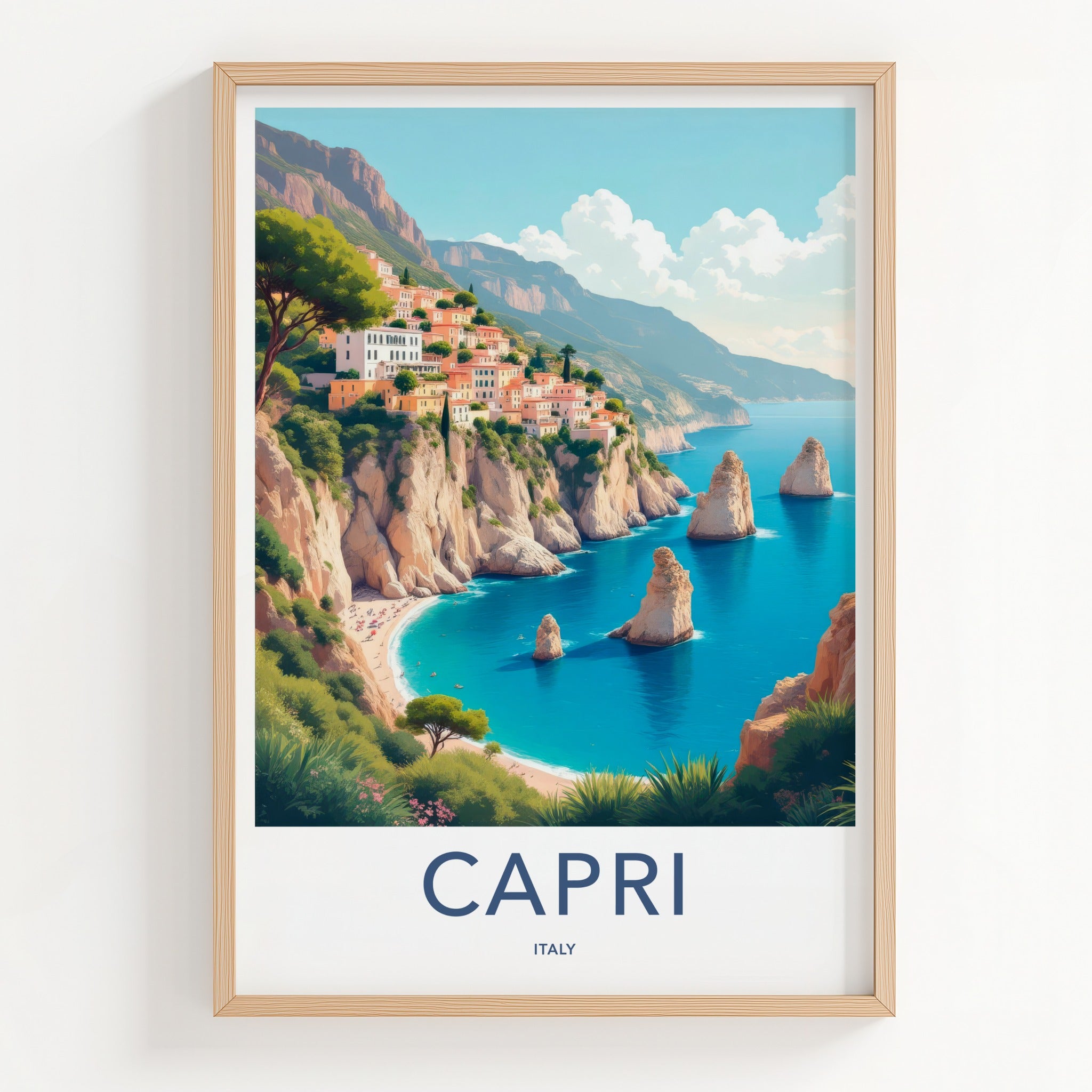 Capri Poster - Italy Travel Art - Clifftop Village Seascape Home Decor