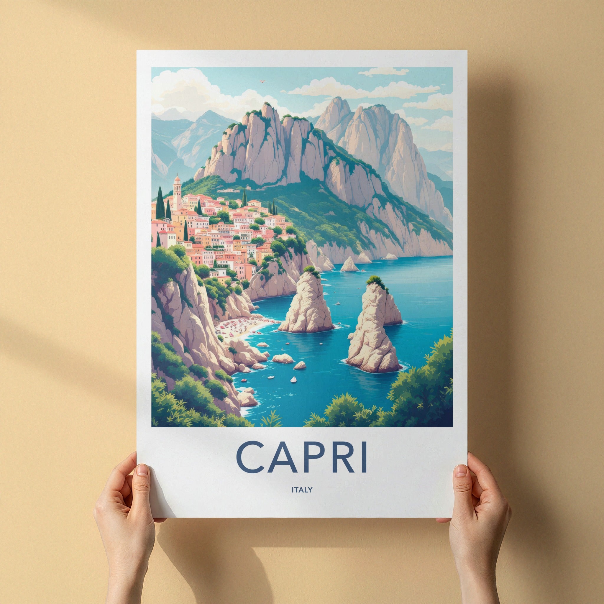 Capri Poster - Italy Travel Art - Coastal Village Cliffs Home Decor