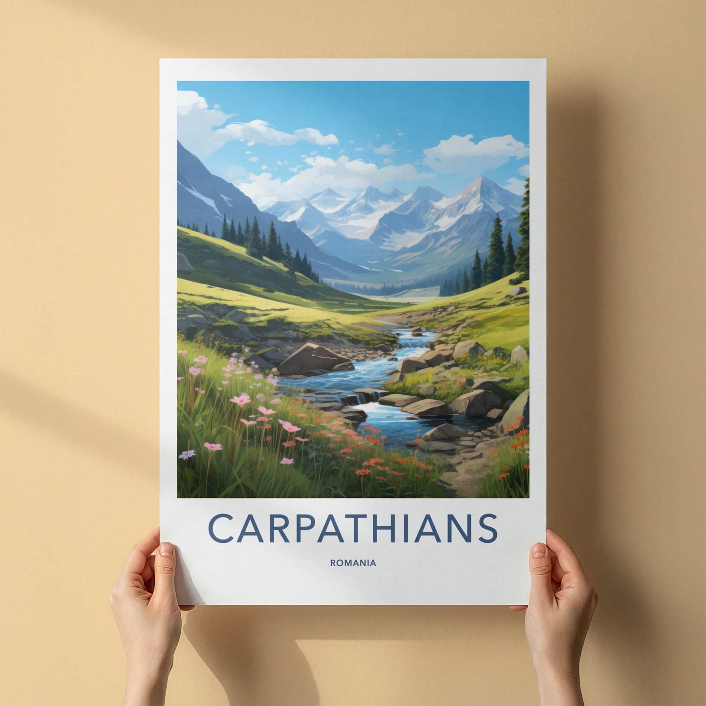 Carpathians Poster - Romania Travel Art - Mountain River Flowers Wall Decor