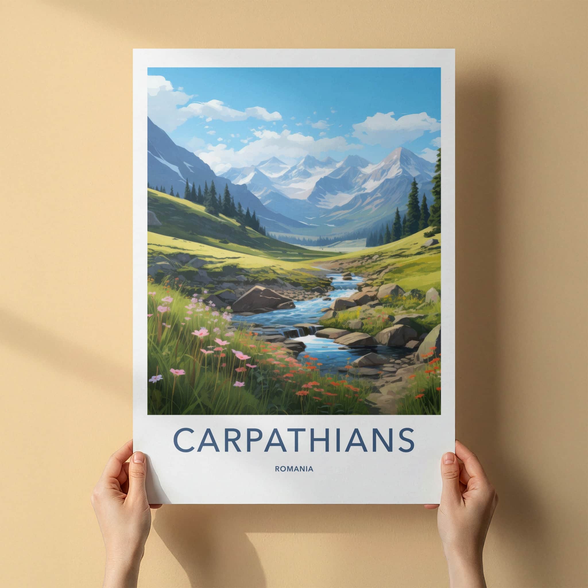Carpathians Poster - Romania Travel Art - Mountain River Flowers Wall Decor