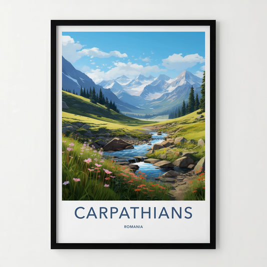 Carpathians Poster - Romania Travel Art - Mountain River Flowers Wall Decor