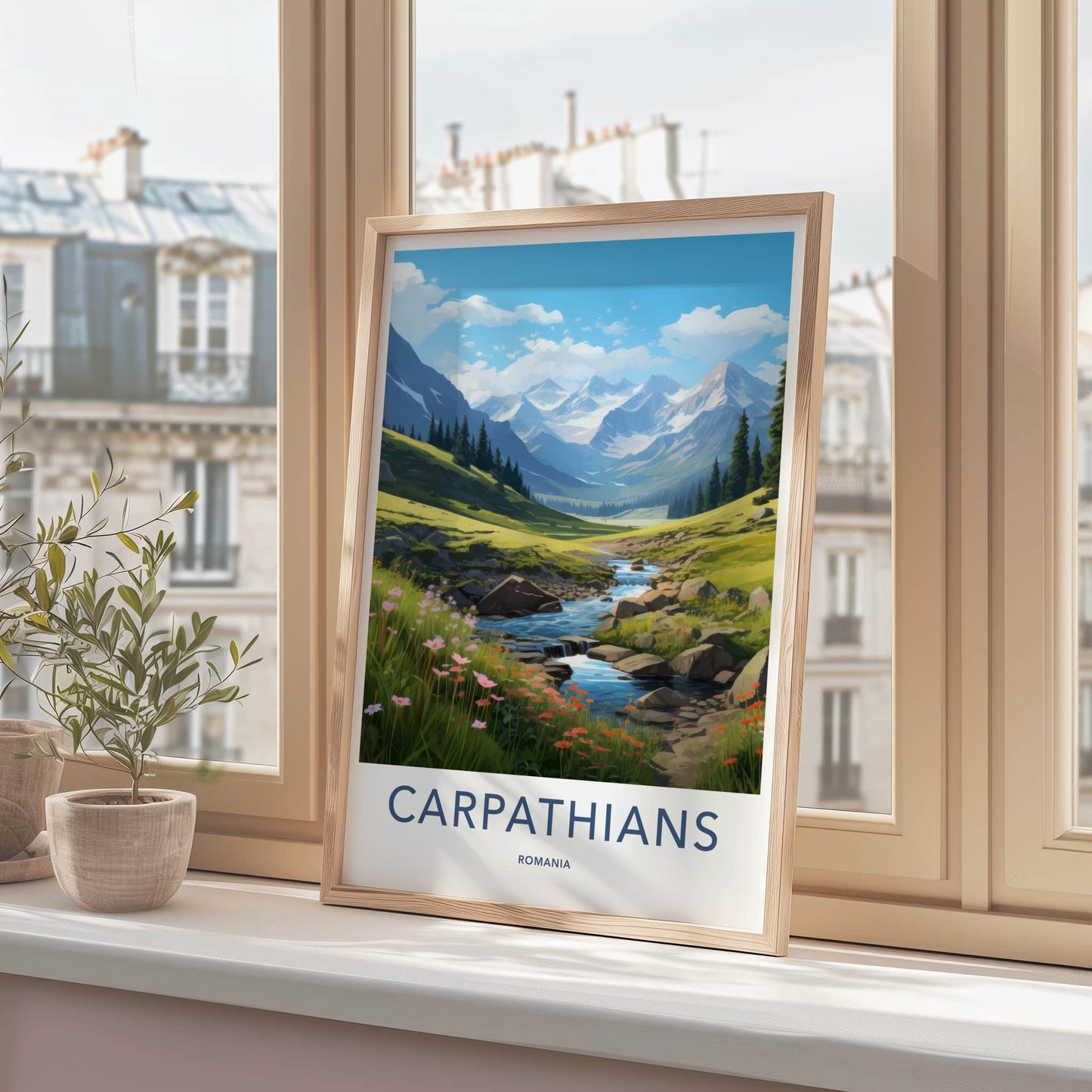 Carpathians Poster - Romania Travel Art - Mountain River Flowers Wall Decor