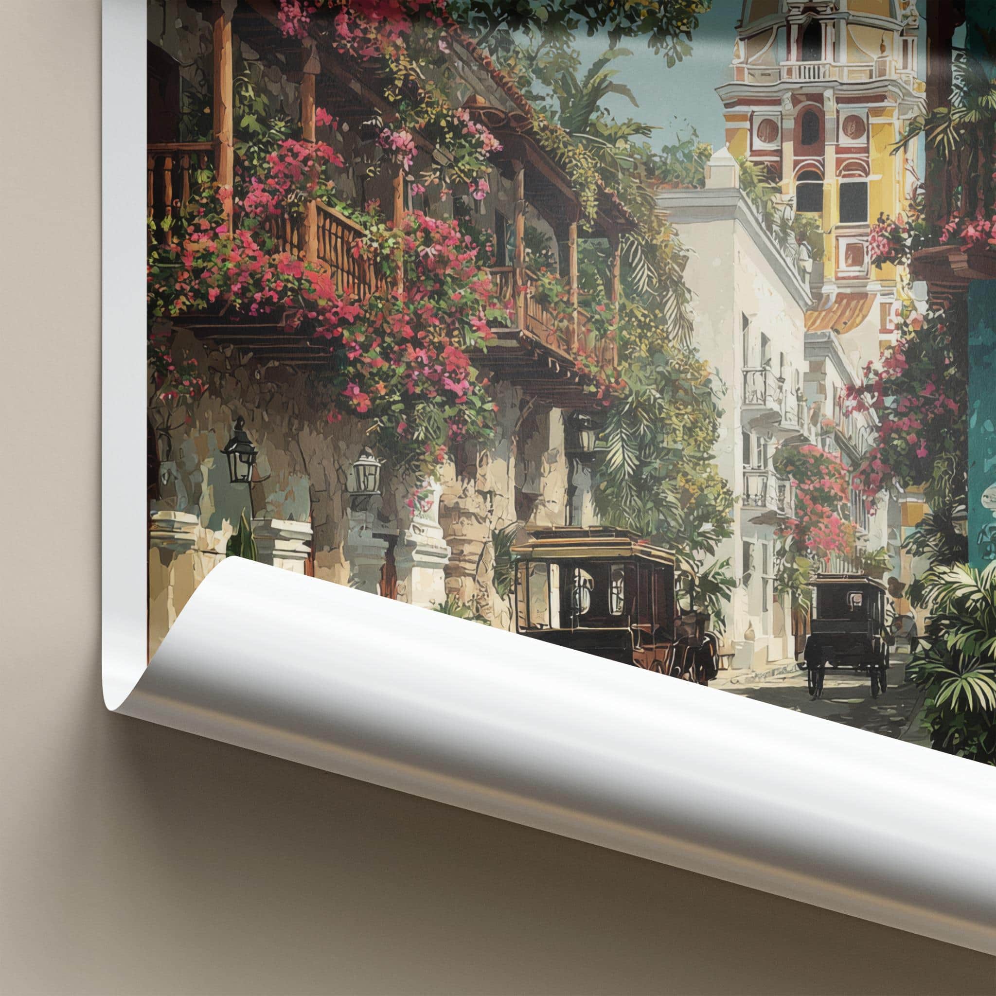 Cartagena Poster - Colombia Travel Art - Colonial Street Carriages Home Decor