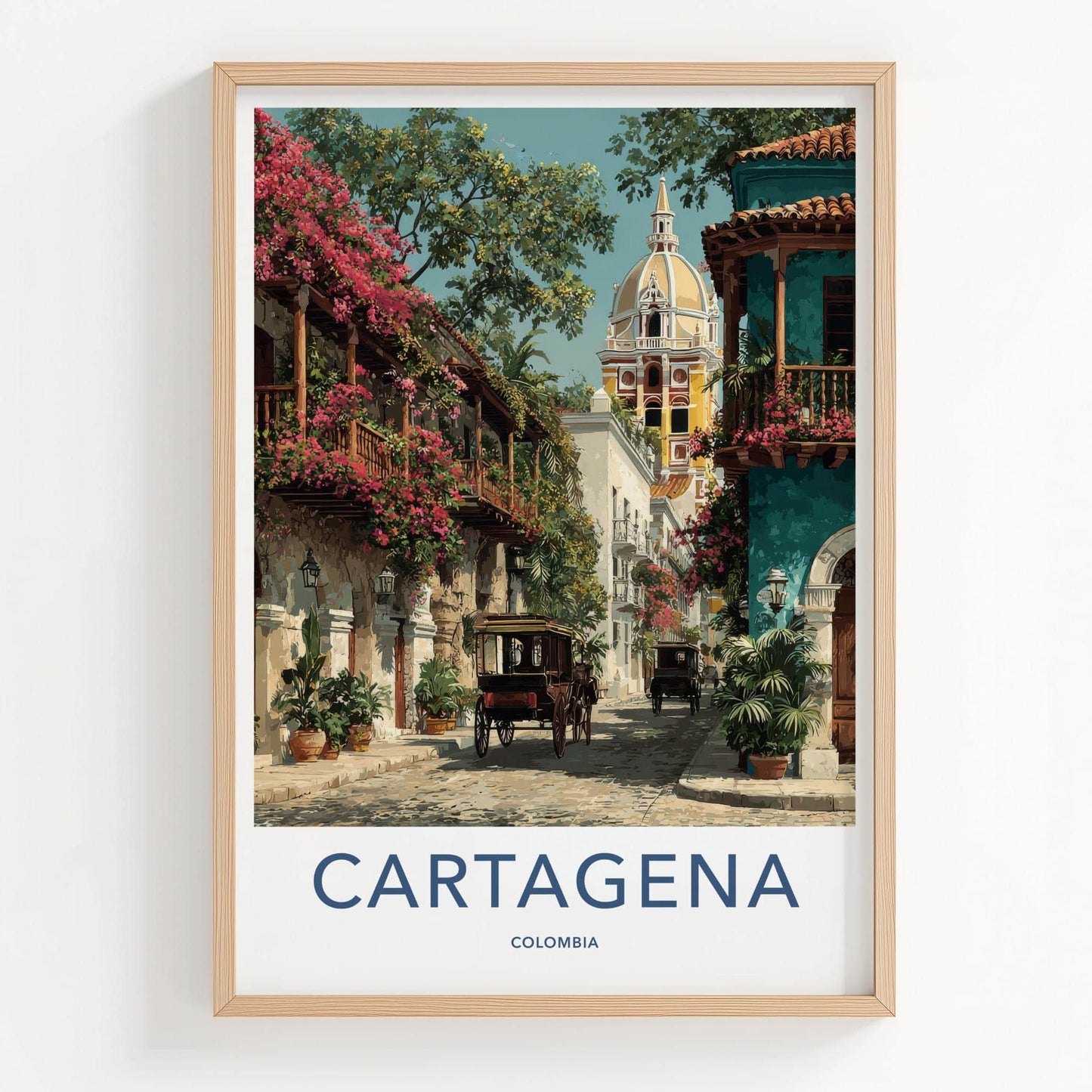 Cartagena Poster - Colombia Travel Art - Colonial Street Carriages Home Decor