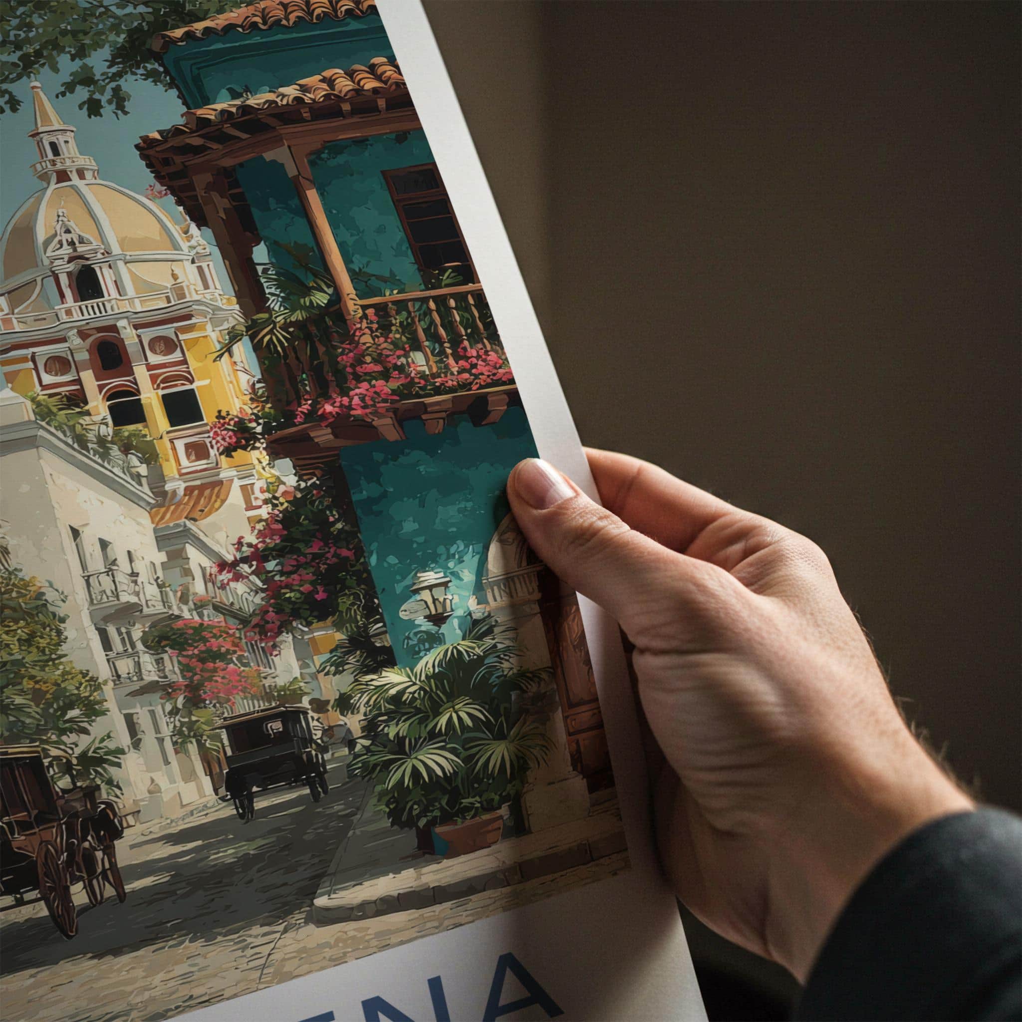 Cartagena Poster - Colombia Travel Art - Colonial Street Carriages Home Decor